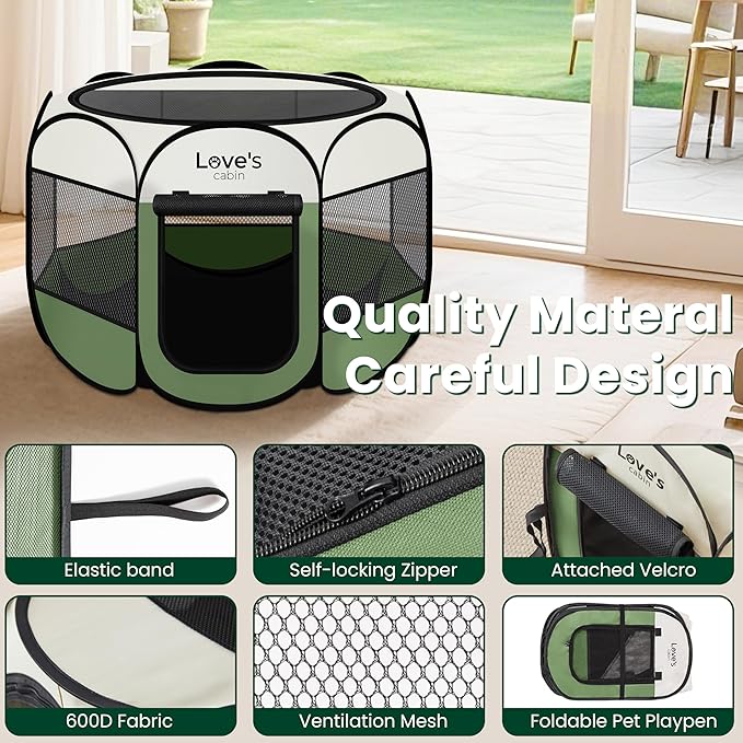 Love's cabin Pet Puppy Dog Playpen, Small Dog Tent Crates Cage Indoor/Outdoor, Portable Playpen for Cat, Foldable Pop Up Dog Kennel Playpen with Carring Case, Removable Zipper Top, Olive Green
