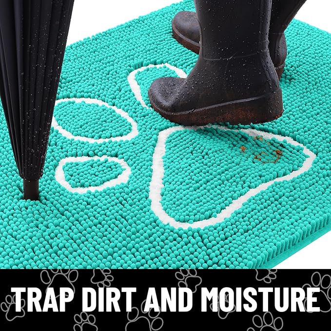 Smiry Dog Door Mat for Muddy Paws, Absorbent Dirt Trapper Non Slip Quick Dry Washable Chenille Mat for Mud Dogs, Entry Rug for Indoor and Outdoor (30x20 Inches, Turquoise)