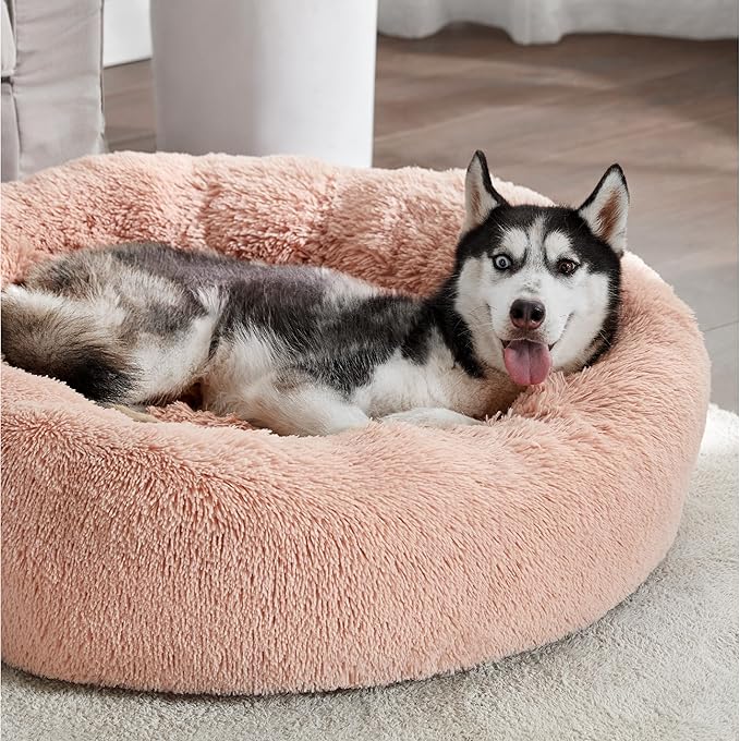 Bedsure Calming Dog Bed for Large Dogs - Donut Washable Large Pet Bed, 36 inches Anti-Slip Round Fluffy Plush Faux Fur Dog Bed, Fits up to 80 lbs Pets, Pink