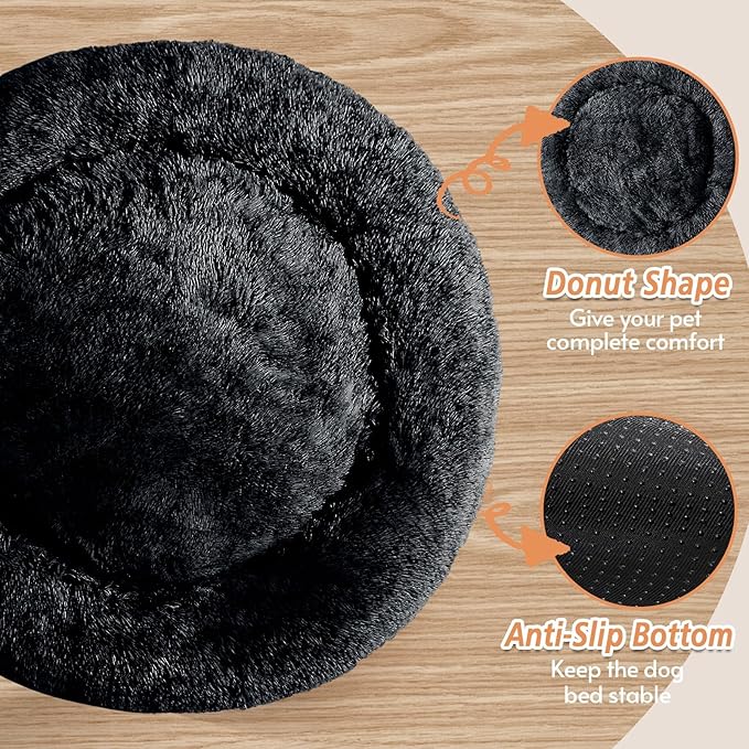 JOLLYVOGUE Medium Calming Dog Bed, Anti-Anxiety Donut Cuddler Cat Bed with Anti-Slip Bottom, Fluffy Faux Fur Machine Washable Pet Cushion for Medium Large Dog & Cat (31")