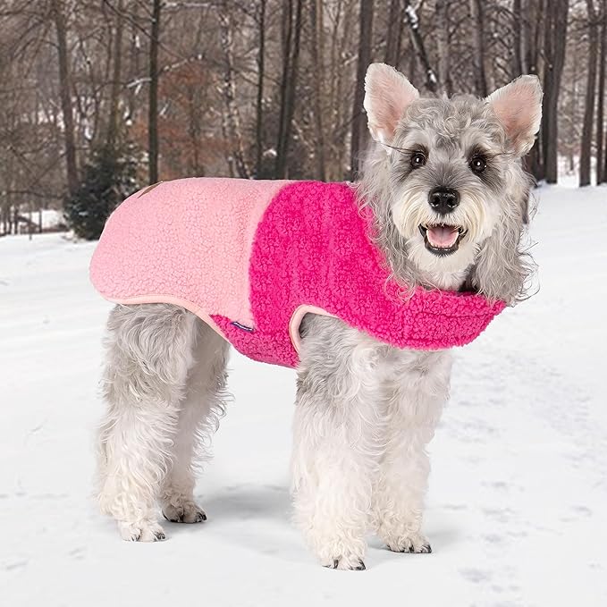 cyeollo Warm Dog Coat Sherpa Dog Winter Coat, Reversible Fleece Dogs Jackets Sweater Vest for Small Dogs Male with Leash Hole, Soft Cold Weather Pet Coats, Rose Red S