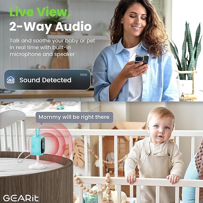 GEARit Baby Monitor with Camera & Audio 2K Video with Motion & Crying Detection, 2 Way Audio Easy WiFi Setup, Remote Monitoring - Easy to Set Crib Monitor with Adjustable Stand