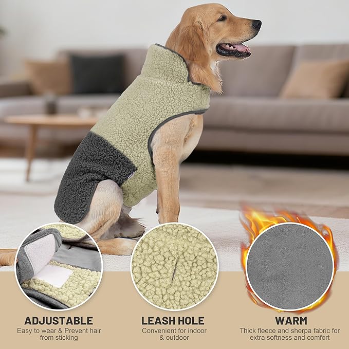 cyeollo Warm Dog Coat Sherpa Dog Winter Coat, Reversible Fleece Dogs Jackets Sweater Vest for Medium Large Dogs Male with Leash Hole, Soft Cold Weather Pet Clothes, Khaki XXL