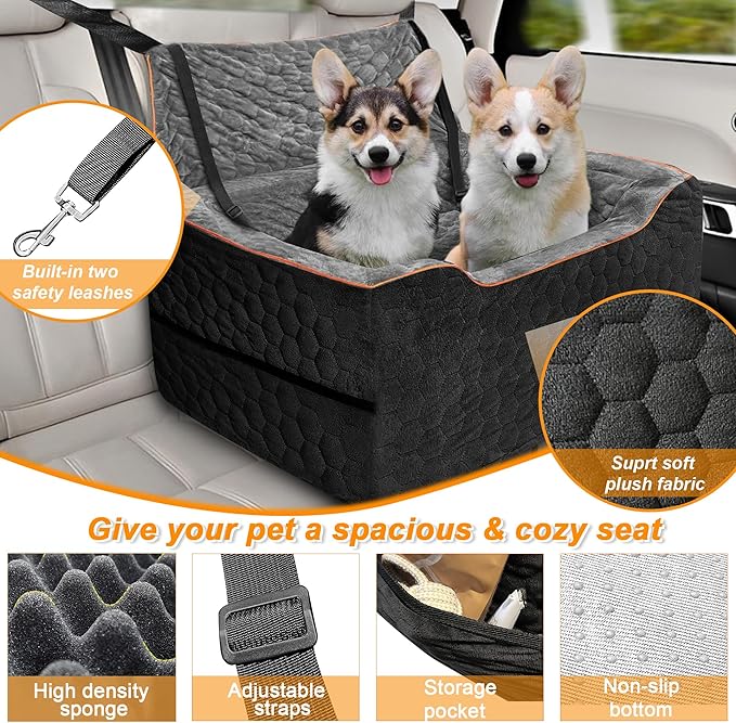 Dog Car Seat for Medium/Large Dog Booster Seat for Dogs Under 60 lbs or 2 Small Dogs, Multi-Functional Pet Car Seat with Thick Cushion, 2 Safety Leashes (BlackGray)