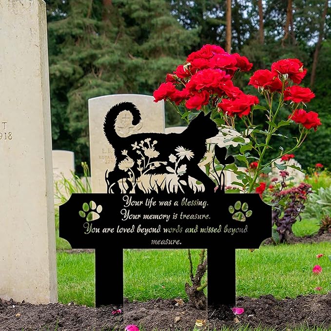 Cat Grave Marker Outdoor Memorial – 12in Metal Pet Memorial Plaque with Garden Cat Silhouette, Weatherproof Headstone for Yard or Indoor Tribute, Sympathy Gift for Loss of Cat