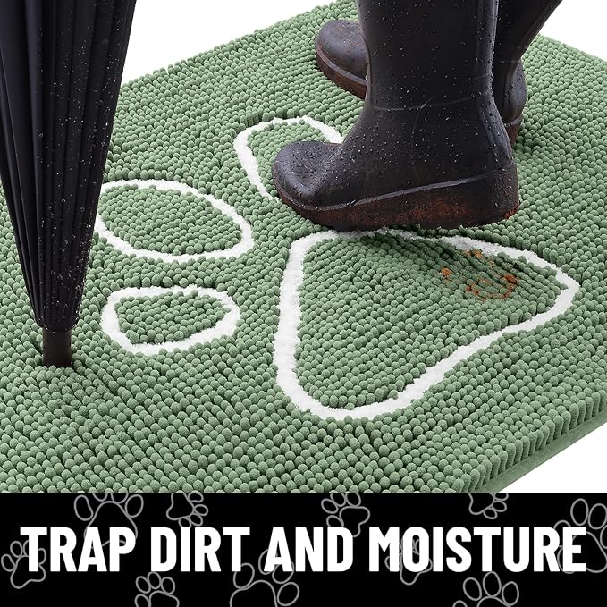 Smiry Dog Door Mat for Muddy Paws, Absorbent Dirt Trapper Non Slip Quick Dry Washable Chenille Mat for Mud Dogs, Entry Rug for Indoor and Outdoor (30x20 Inches, Olive Green and White)
