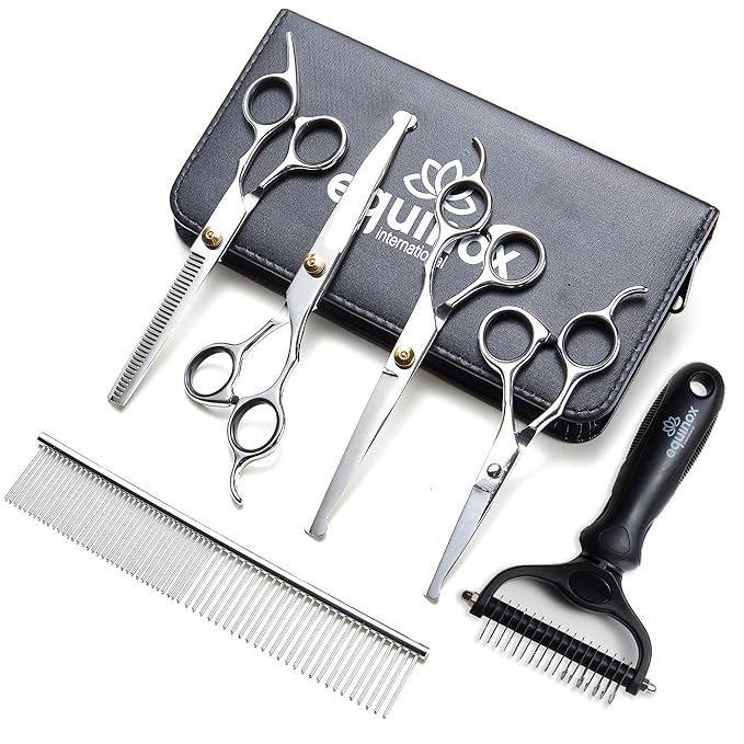 Equinox Dog Grooming Scissors & Deshedder - 7 in 1 Pet Grooming Scissors Set with undercoat brush - Curved Dog Scissors with safety tips - Includes Thinning & Rounded Shears - For dogs & cats