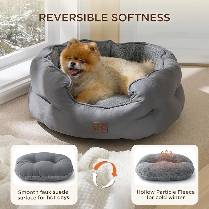 Bedsure Self Warming Dog Beds for Small Dogs - Round Medium Cat Beds for Indoor Cats, Washable Pet Bed for Puppy and Kitten with Slip-Resistant Bottom, 25 Inches, Self Warming Grey