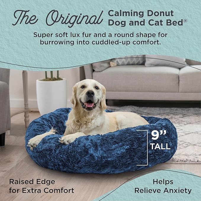 Best Friends by Sheri Original Calming Donut Dog and Cat Bed, Lux Faux Fur, Navy Blue, (36in x 36in) - Anxiety Relief for Pets Up to 100 lbs