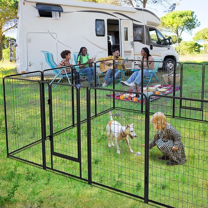 Dog Playpen Outdoor Extra Wide 16 Piece Panels Heavy Duty Dog Fence 50" Height Anti-Rust with Doors Portable for RV Camping Yard, Total 42FT, 140 Sq.ft, Snowy Black