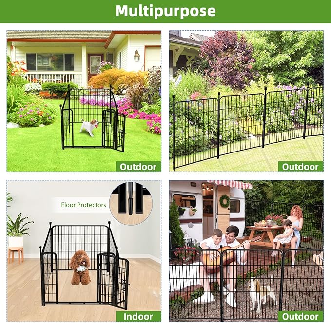 ADAVIN Dog Playpen Outdoor, 24in(H) x 9.8Ft(L) 4 Panels Animal Fence for Yard, Low Threshold Gate,Black Metal Garden Fencing, Temporary Fence for Puppy and Small Dogs, Dog Play Pen for RV Camping