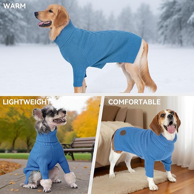 cyeollo 3XL Dog Sweaters for Large Dogs Boy, Stretchable & Cozy Warm Knit Doggy Sweater with Sleeves Turtleneck Fall Winter Cold Weather Big Dog Clothes Like Doberman Labrador, Blue XXXL