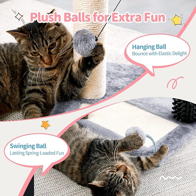Made4Pets Small Cat Tree Tower, Cat Scratching Post 4-in-1 with Self Groomer Brush, 20" Tall Natural Sisal Cat Scratcher, Plush Perch Bed with Dangling Ball for Indoor Kittens, Grey