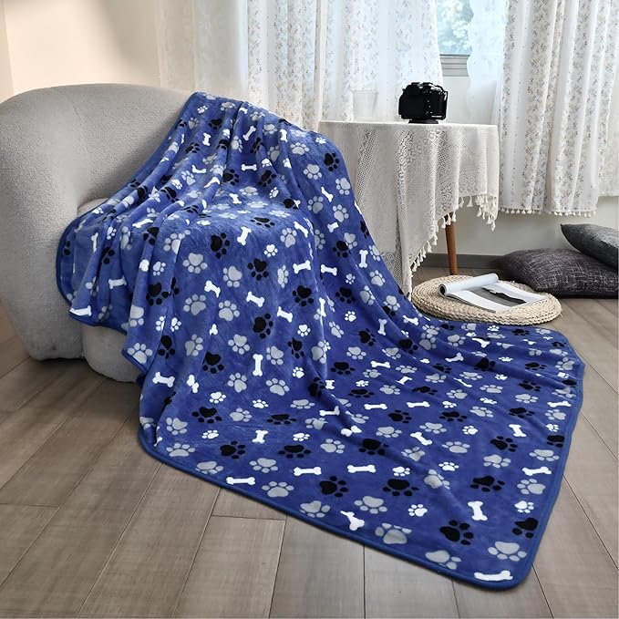 Waterproof Dog Blanket, Pattern Printing Super Soft Warm Fluffy Facecloth Sofa Car Bed Protector, Urine Proof Washable Outdoor Pet Blanket for Puppy Large Dogs & Cats(paw & Bone80*60) Blue