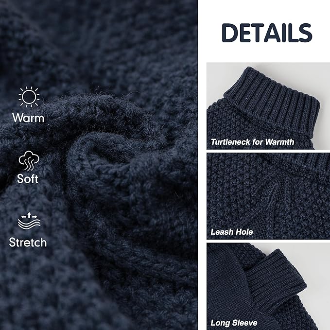 cyeollo Warm Small Dog Sweater, Knit Cold Weather Doggy Sweaters for Small Dogs Boy Pullover Winter Dog Clothes with Turtleneck for Indoor & Outdoor Wear, Navy M