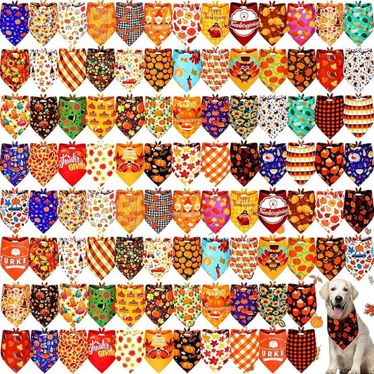 Newwiee 100 Pcs Fall Dog Bandanas Bulk for X-Large Dogs Thanksgiving Pumpkin Maple Leaf Triangle Bandanas Bibs Adjustable Pet Scarf Holiday Soft Breathable Thanksgiving Day Scarf Accessories for Puppy