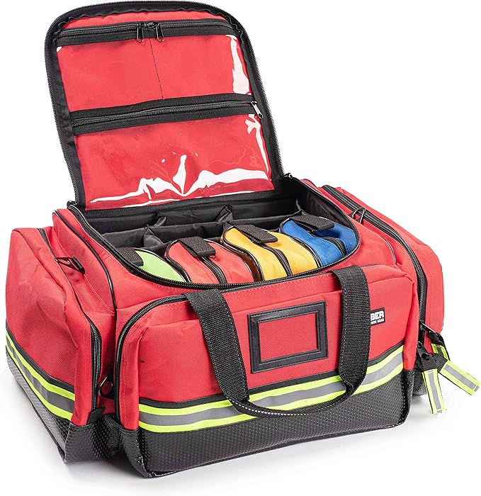 Scherber Fully-Stocked First Responder Professional Advanced EMT/EMS Trauma Kit | HSA/FSA Approved | Reflective Bag w/10+ Compartments, Zippered Pockets & 250+ First Aid Supplies (Red)
