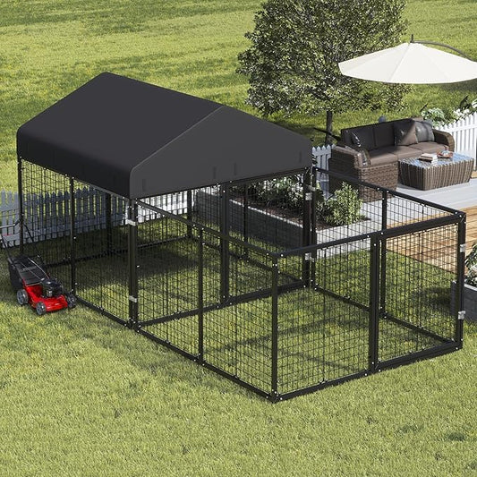 Outdoor Dog Kennel with Dog Fence for Medium/Small Dogs Anti-Rust Coating Cage with Roof All Weather Resistant Dog House with Double Locks