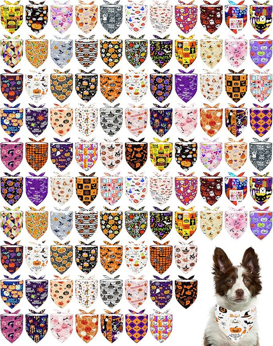 PET SHOW 100 Pack Halloween Large Dog Bandanas Bulk No Seam Pumpkin Ghost Triangle Bibs Scarves XL for Male Female Pets Adjustable Grooming Kerchiefs for Extra Large Dogs Costume Accessories(Large)