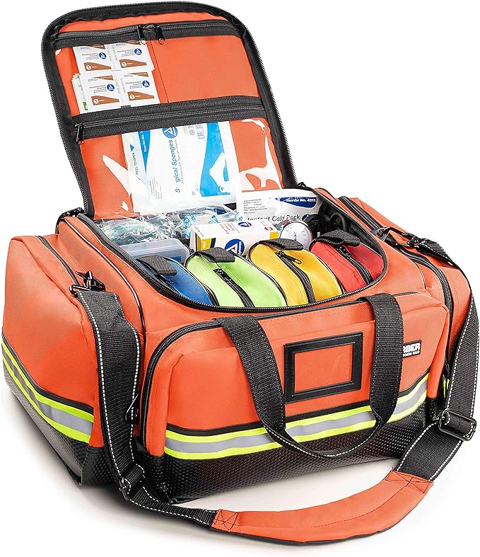 Scherber Fully-Stocked First Responder Professional Advanced EMT/EMS Trauma Kit | HSA/FSA Approved | Reflective Bag w/10+ Compartments, Zippered Pockets & 250+ First Aid Supplies (Orange)