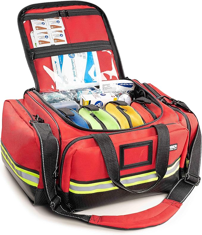 Scherber Fully-Stocked First Responder Professional Advanced EMT/EMS Trauma Kit | HSA/FSA Approved | Reflective Bag w/10+ Compartments, Zippered Pockets & 250+ First Aid Supplies (Red)