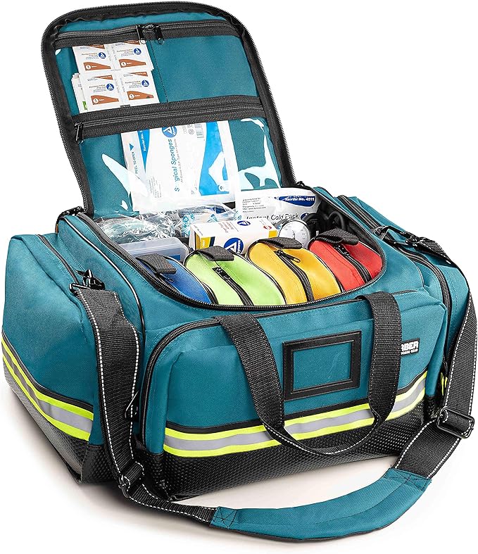Scherber Fully-Stocked First Responder Professional Advanced EMT/EMS Trauma Kit | HSA/FSA Approved | Reflective Bag w/10+ Compartments, Zippered Pockets & 250+ First Aid Supplies (Blue)
