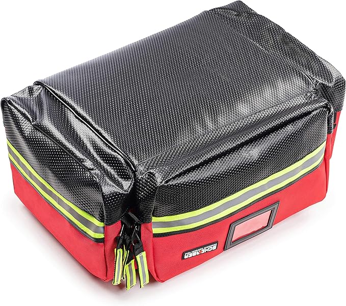 Scherber Fully-Stocked First Responder Professional Advanced EMT/EMS Trauma Kit | HSA/FSA Approved | Reflective Bag w/10+ Compartments, Zippered Pockets & 250+ First Aid Supplies (Red)