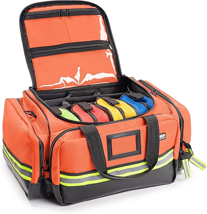 Scherber Fully-Stocked First Responder Professional Advanced EMT/EMS Trauma Kit | HSA/FSA Approved | Reflective Bag w/10+ Compartments, Zippered Pockets & 250+ First Aid Supplies (Orange)